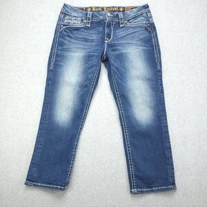 Rock Revival Jeans Womens 29 Clair‎ Easy Crop Distressed Thick Stitch Rockabilly